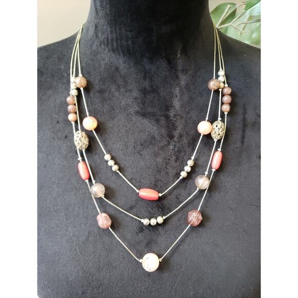 Women Layered Bead Necklace Rose Quartz Coral Stone Silver Tone Chain Clasp - Picture 1 of 6